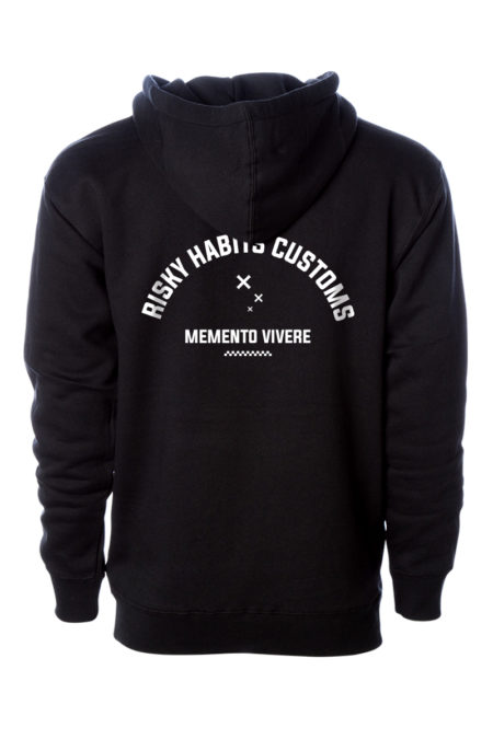 Black colour pullover hoodie with Risky Habits Customs print on the back