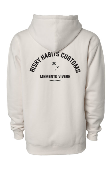 Bone colour pullover hoodie with Risky Habits Customs print on the back