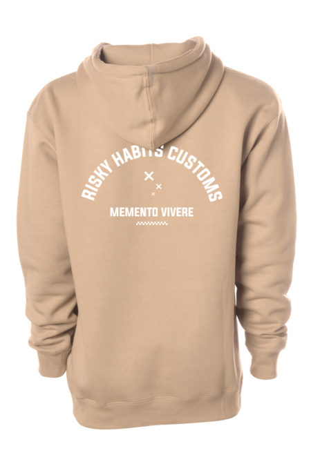 Sandstone colour pullover hoodie with Risky Habits Customs print on the back