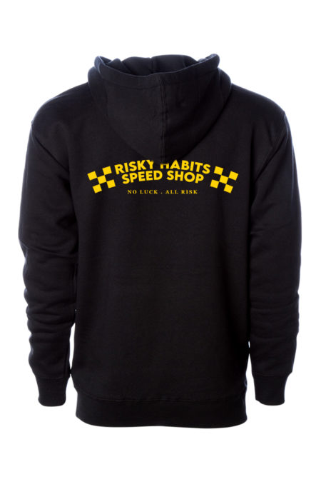 Black colour pullover hoodie with Risky Habits speed shop print on the back