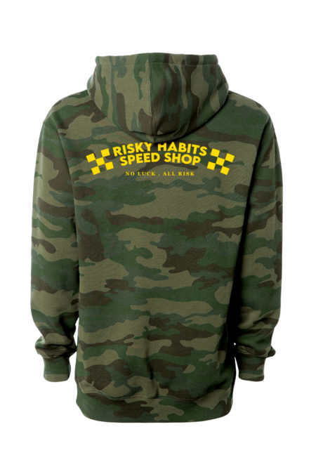 Forest Camo colour pullover hoodie with Risky Habits speed shop print on the back