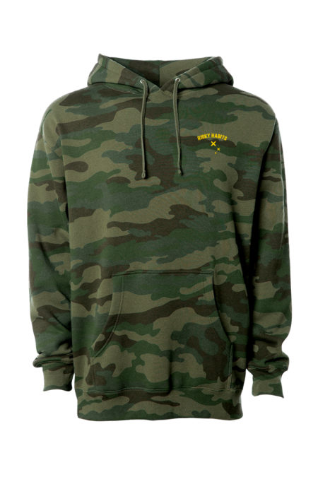 Forest Camo colour Risky Habits pullover hoodie with left chest logo